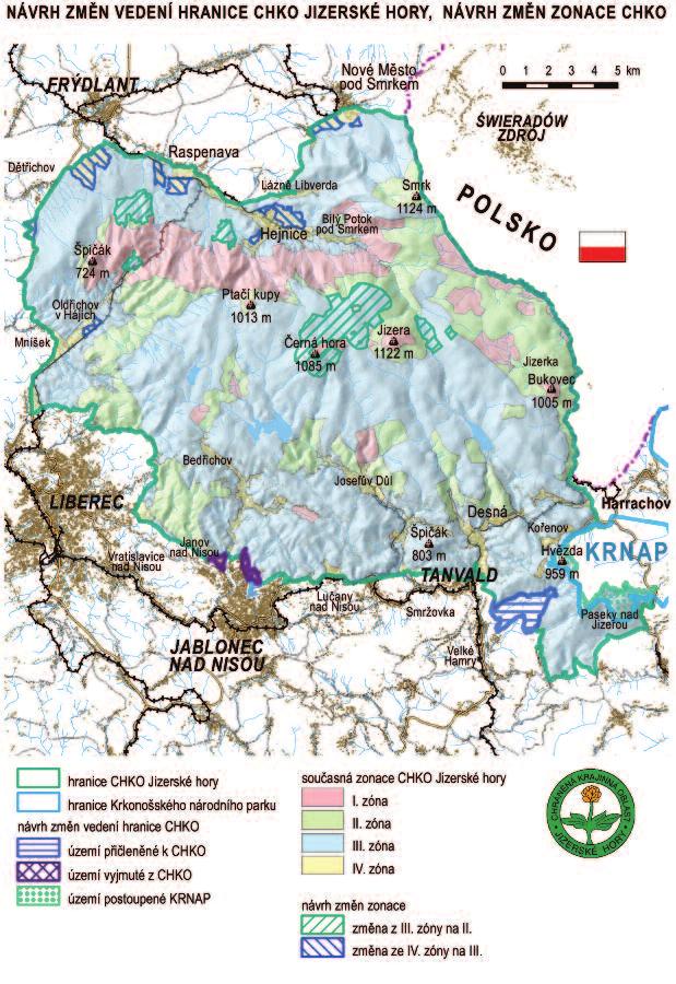 Mapa CHKO Jizerské hory s vyznačením změn
