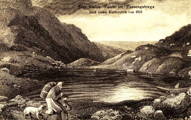 rybníka v Krkonoších. Pohlednice dle mědirytiny z roku 1810.