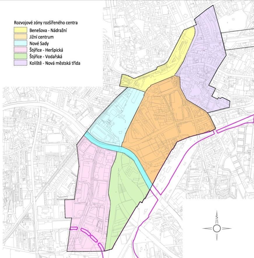 Obrázek č. 5.1 Grafické vymezení území (zdroj: studie Prověření územních dopadů variant přestavby železničního uzlu Brno, zpracovatel: URBANISMUS, ARCHITEKTURA, DESIGN STUDIO, spol. s r.o. v r.