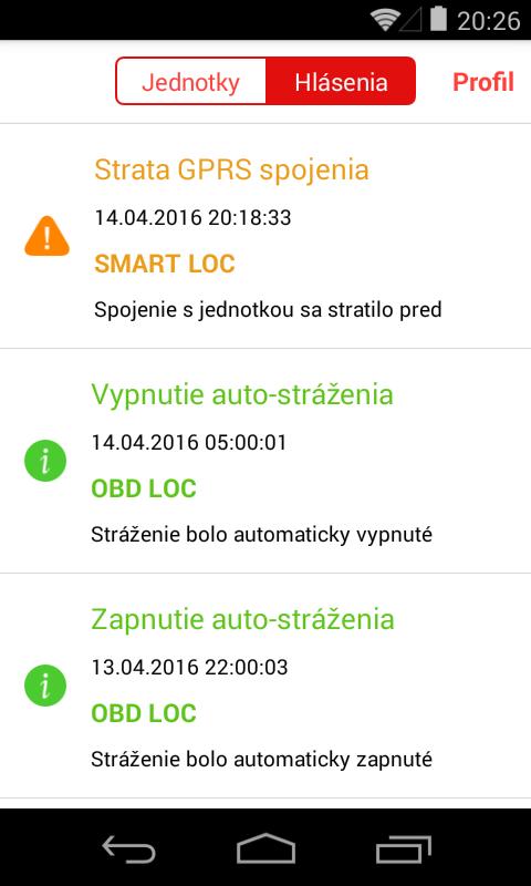 Hlásenia zobrazujú názov udalosti, dátum a čas kedy k udalosti došlo, názov GPS zariadenia a popis.