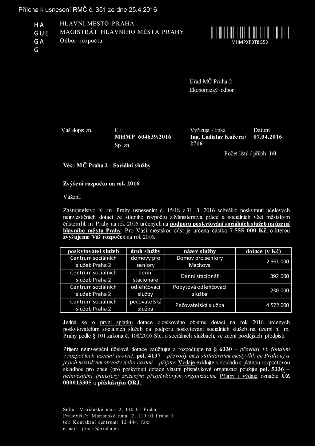 Prahy usnesením č. 15/18 z 31. 3. 2016 schválilo poskytnutí účelových neinvestičních dotací ze státního rozpočtu z Ministerstva práce a sociálních věcí městským částem hl m.