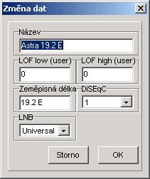 Změna dat: Získáte následující okno, ve kterém můžete změnit specifická data satelitu: Pro získání tohoto okna je možno také označit satelit dvojklikem.
