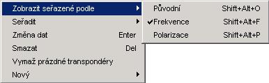 5.e Funkce transpondérů Pokud zvolíte konkrétní transpondér, budou zobrazeny pouze kanály náležící tomuto transpondéru.