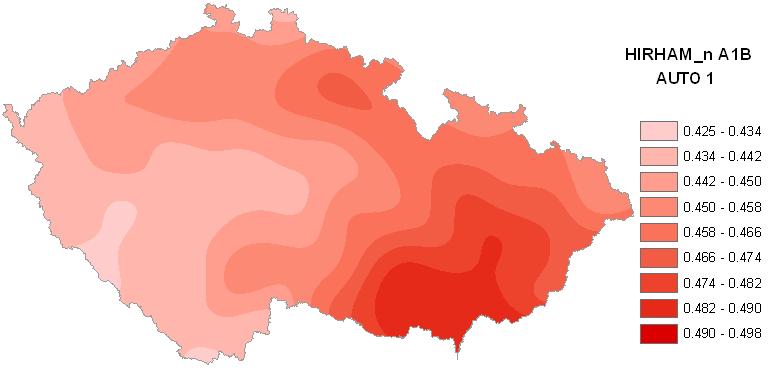 Obr. 7.24a: Plošné rozložení podílů míry vzájemné informace počítaných z TPRUM pro posun 1 den a 0 dní (ozn. AUTO 1) podle modelu ALADIN (období 2071 2100 podle scénáře A1B). Obr. 7.24b: Plošné rozložení podílů míry vzájemné informace z TPRUM pro posun 1 den a 0 dní (ozn.