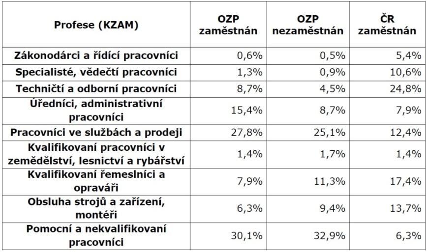 Tabulka 49 Pracovní profese OZP podle ekonomické aktivity Zdroj: Postavení a strategie OZP na trhu práce, http://portal.mpsv.