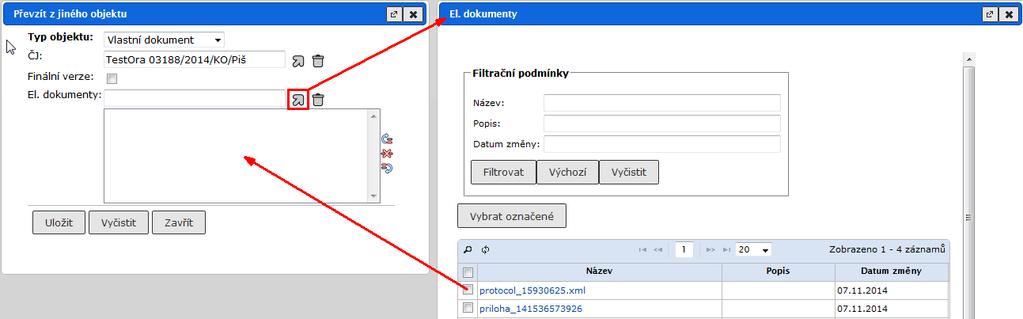 V zobrazeném dialogovém okně El dokument označte soubory pro vložení. Výběr potvrdíte tlačítkem [Vybrat označené] (Pokud vybíráte jen jeden el. dokument, stačí kliknout na jeho název).