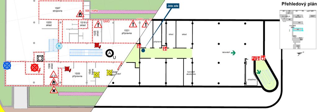Obr. 2. Syntéza grafické přílohy operativní karty (vlevo) a evakuačního plánu podzemního podlaží. jiné provozní požadavky související s oblastí požární ochrany.