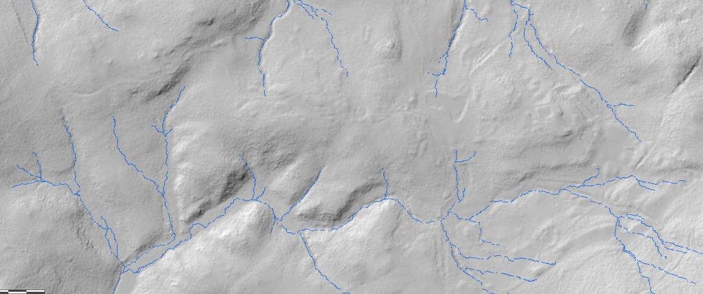 Obr. 4. Model předpokládané říční sítě a stínovaný reliéf jako podklad pro mapovací týmy. Oba povrchy pochází z výsledků analýz DMR 5G provedených v prostředí ArcGIS for Desktop.