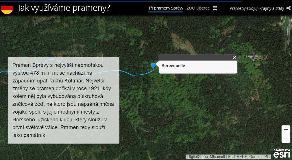 Obr. 5. K prezentaci výsledků směrem k veřejnosti jsou využity především mapy s příběhem, zde na příkladu popisu pramenů Sprévy. Více map na http://prameny.tul.cz/mapovy portal. nosti.