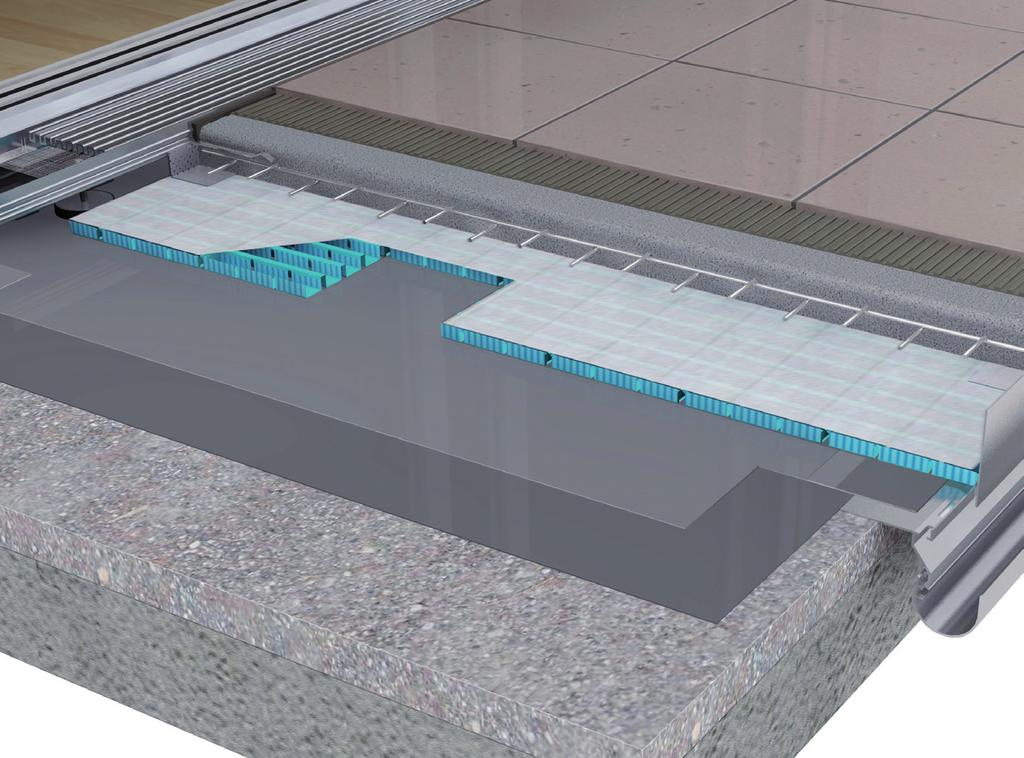 Betonová / Bezbariérový přístup DiProtec SDB -izolační pás DiProtec AB-K - izolační páska PE-Folie ProFin DP + BL - profil + nádstavec AquaDrain RD - okrajová