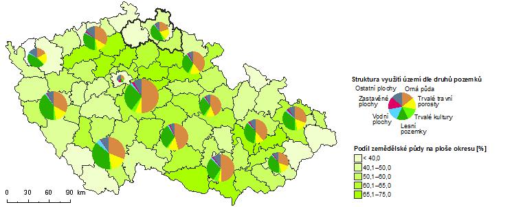 4.1 Využití území V roce 2016 dle katastru nemovitostí zaujímala v Libereckém kraji zemědělská půda 139 350 ha, což je 44,0 % území kraje (Obr. 4.1.1), rozloha orné půdy pak činila 63 416 ha, tedy o 744 ha méně než v roce 2015.