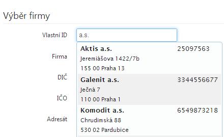 Po chvilce čekání (cca 2 10 vteřin) Vám systém našeptá názvy firem z číselníku firem systému ABRA včetně adres a IČ.