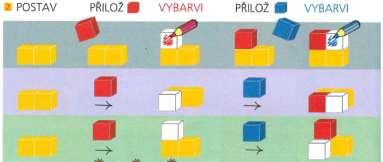 Podle barevné předlohy žák přikládá barevné kostky a zakresluje plány. 2007, ISBN 978-80-7238-626-0, s. 51 11.4.