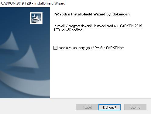 8. Po zkopírování zvolených součástí CADKONu 2019 TZB na disk je zobrazen závěrečný dialog Průvodce InstallShield Wizard byl dokončen.