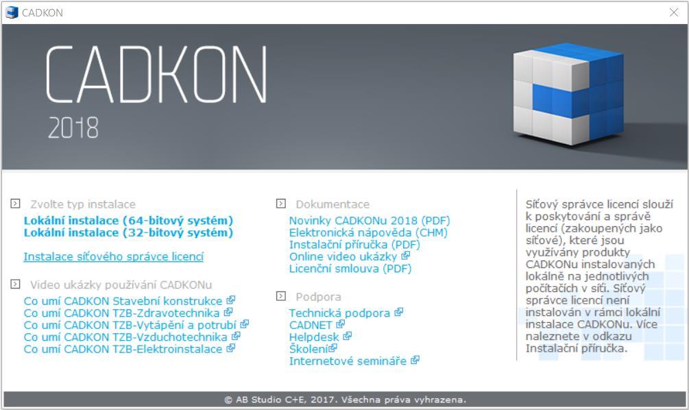Poznámka: V případě, že nemáte k dispozici instalační soubor CADKON-Tzb_2019.exe, je možné stáhnout samostatnou instalaci FlexLM - síťového správce licencí http://www.cadnet.cz/flexlm.