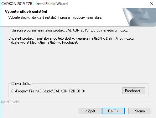 6. Dialogový panel Výběr součástí umožní zadat rozsah instalace CADKONu TZB. Jednotlivé komponenty je možné doinstalovat dodatečně (viz kapitola Změna konfigurace CADKONu TZB).