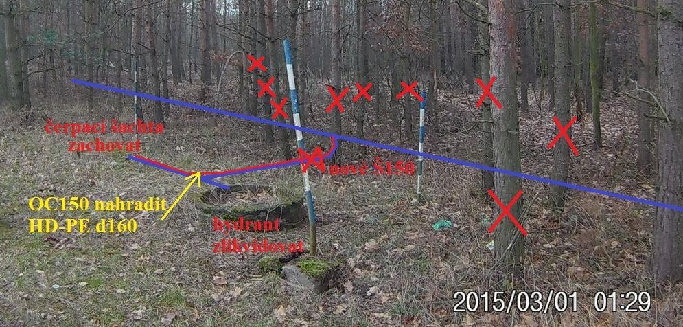 Kalník K704 1. pořez stromů a nakrácení (plochu zvolí zhotovitel dle použité technologie) 2. hloubení jámy 2,5 x 6 x 2,5 m, objem 37,5m 3 3. demontáž a likvidace potrubí OC150 dl.