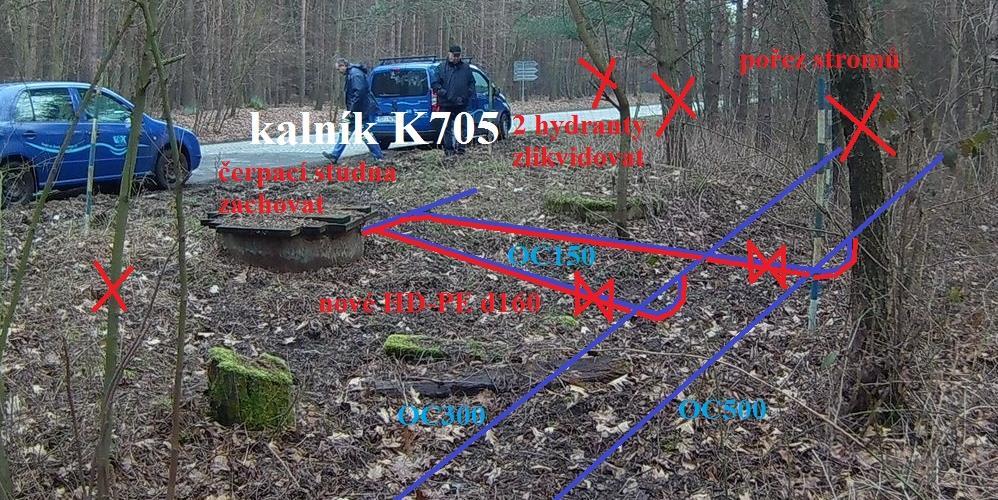 Kalník K705 1. pořez stromů a nakrácení (plochu zvolí zhotovitel dle použité technologie) 2. hloubení jámy 2,5 x 6 x 2,5 m, objem 37,5m 3 3. demontáž a likvidace potrubí OC150 dl.
