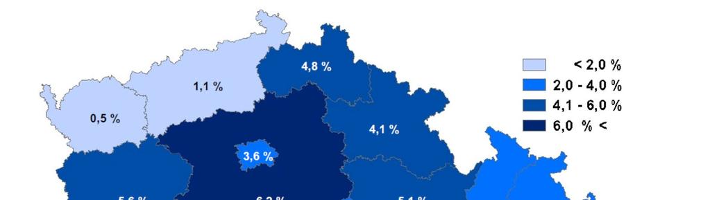 SOCIOEKONOMICKÁ ANALÝZA EKONOMIKA A PODNIKÁNÍ Obrázek 8 Podíl výdajů do VaV na HDP v rámci krajů ČR v roce 2013 (v %) Zdroj: ČSÚ, sta s ky Věda, výzkum, ČSÚ, sta s ky Regionálních účtů Malý je také
