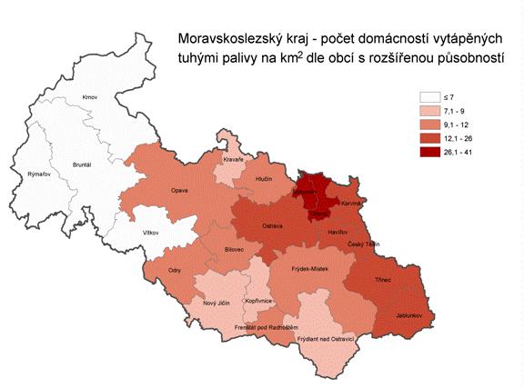SOCIOEKONOMICKÁ ANALÝZA ŽIVOTNÍ PROSTŘEDÍ Obrázek 13 Počet domácnos vytápěných tuhými palivy na km 2 v MSK Zdroj: www.lokalni-topeniste.