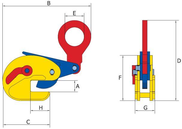 Parametry (A) (mm) Ukázka manipulace pomocí páru svěrek TOBK při uchopení za čela profilu Bezpečnostní pojistka v uzavřeném stavu aretuje svěrku na břemenu.