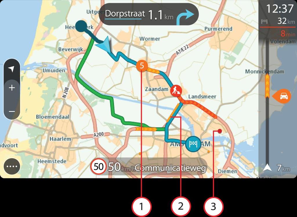 Tip: Když událost na mapě vyberete, zobrazí se podrobnější informace. 1. Dopravní událost, která ovlivňuje vaši trasu ve směru jízdy.