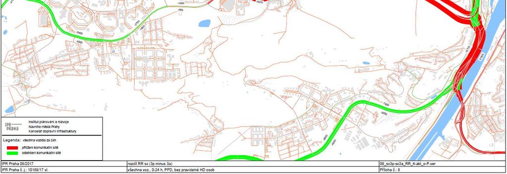 Červená barva = nárůst dopravy, zelená barva = pokles dopravy vlivem zprovoznění RR Kapacita komunikační sítě je dána kapacitou mezi křižovatkových úseků a kapacitou jednotlivých křižovatek.