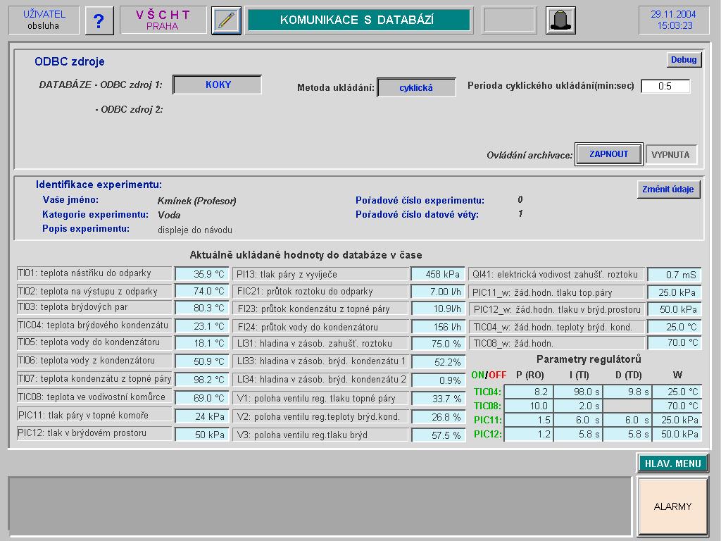 Obr. 14 Displej pro nastavení a aktivaci zápisu dat do databáze 2.