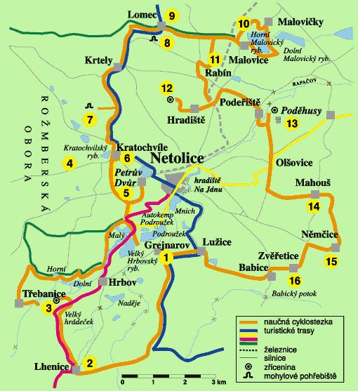 45/87 Zastavení.: 1. Renesanní statek Grejnarov 2. Lhenice 3. Pravké hradišt Velký hrádeek u Tebanic 4. Zaniklá rožmberská obora 5. Petrv Dvr 6. Kratochvíle 7. Mohylová pohebišt v Krtelském lese 8.