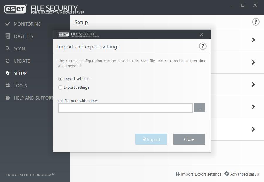5.4.6 Import a export nastavení Na záložce Nastavení (v hlavním okně programu) můžete do programu ESET File Security importovat nebo z něj naopak exportovat konfiguraci v.xml souboru.