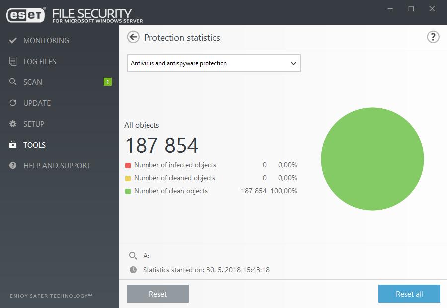 5.5.3 Statistiky ochrany Statistické údaje, které se týkají různých modulů ochrany programu ESET File Security jsou dostupné na záložce Nástroje > Statistiky ochrany.