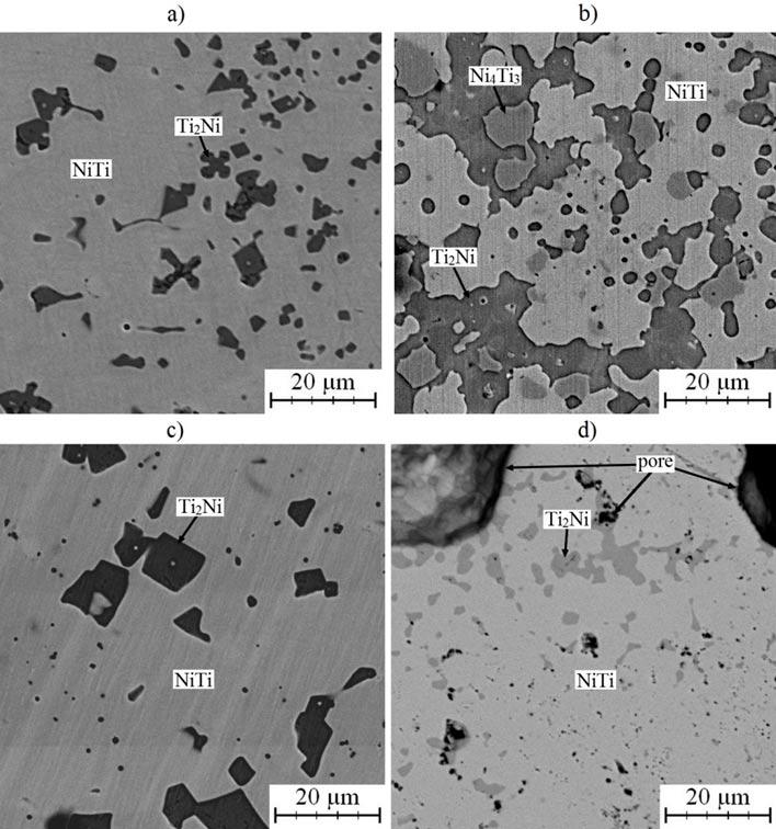 a b c d Obr. 2. Mikrostruktura slitin připravených reaktivním slinováním při teplotě 1100 C; a) Ni-Ti46, b) NiTiAl5, c) NiTiCo5, d) NiTiMg5 ale jen zaznamenána XRD analýzou.