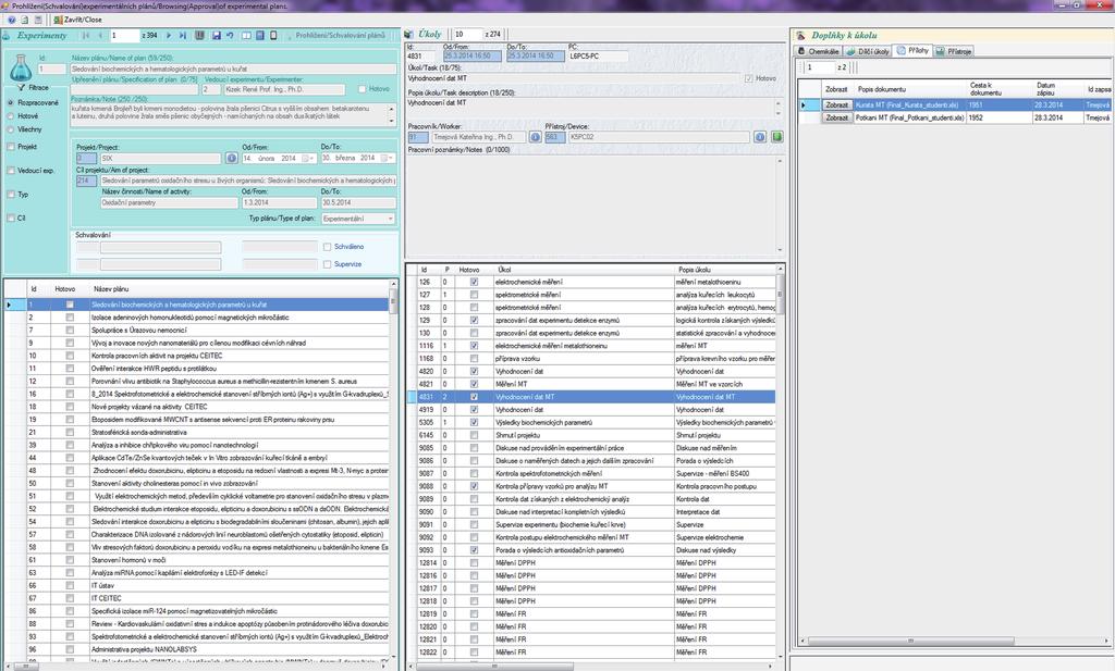 výstupy projektů, E - osobní kalendář Obr. 2: Pracovní panel sekce Experimenty.