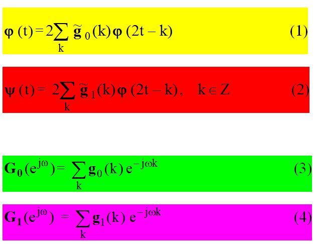 Komplexné frekvenčné charakteristiky Multimierková a multiwaveletová funkcia musia vyhovovať nasledujúcim maticovým (dilatačným) rovniciam (1),(2) Dvojica týchto matíc popisuje multiwaveletovú banku