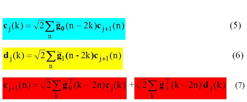 Priama a spätná DMWT Mierkové koeficienty sú znázornené na rovnici (5) Detailové koeficienty sú znázornené na rovnici