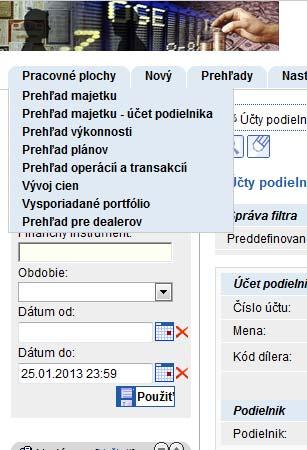 PRACOVNÉ PLOCHY PREHĽAD MAJETKU zobrazuje súhrnné údaje o celom majetku podielnika a jeho členenie podľa tried aktív. Majetok je zobrazený za všetky účty sumárne a prepočítané do spoločnej meny.