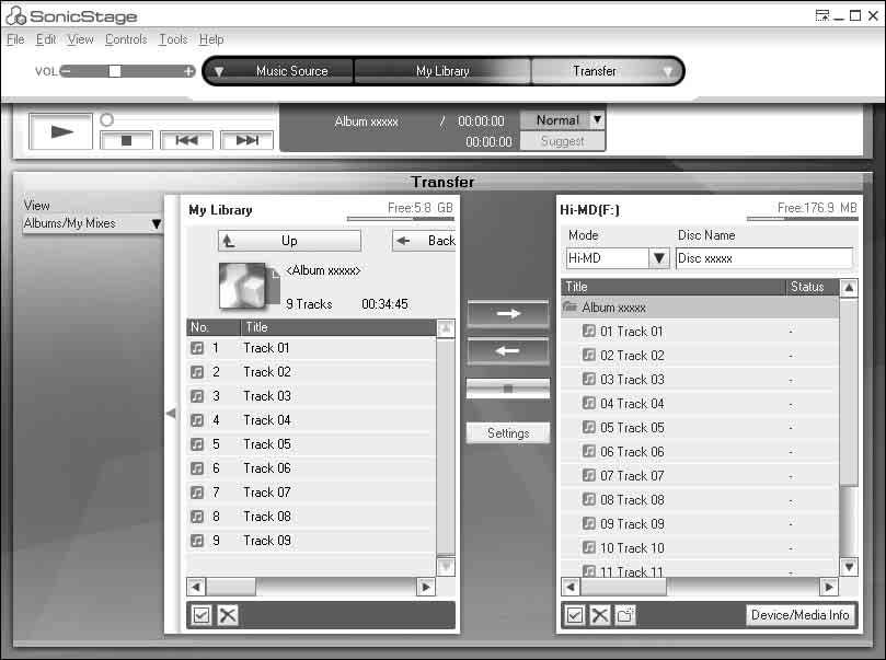 Přenos audio dat z přenosného přehrávače MD Walkman zpět do počítače [Transfer ] Seznam My Library Seznam skladeb na disku MD Přenos z přenosného přehrávače MD Walkman zpět do počítače Audio data