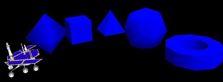 Obrázek 17 Ukázka základních grafických primitiv, zleva doprava importovaný polygonový model, obecný konvexní polyhedron, hranol, pyramida, koule, prstenec. 4.4.2.