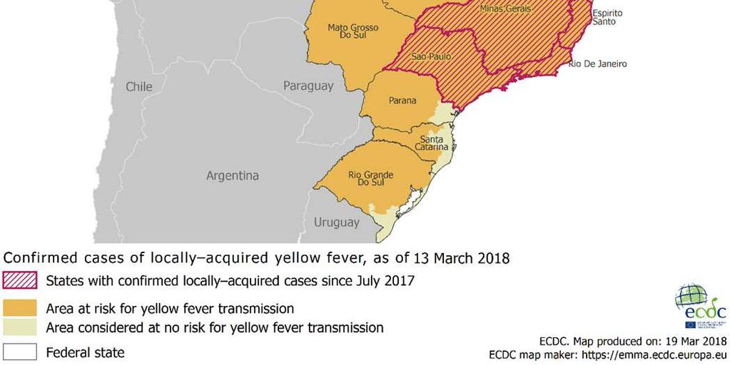 Případy se vyskytly v Minas Gerais (453), São Paulo (451), Rio de Janeiro (188), Espirito Santo (5) and Distrito Federal (1). V týdnu od 16. do 22. března bylo zjištěno 178 nových případů a 40 úmrtí.