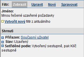 Obr. 19 - Parametry filtru Výpis požadavků lze modifikovat klepnutím na záložku Upravit resp.