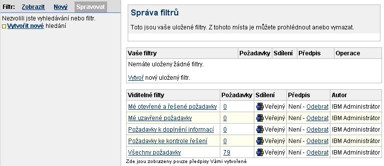 Obr. 23 - Správa filtrů V hlavním okně jsou seznamu všechny vlastní i sdílené uložené filtry dostupné pro daného uživatele. Klepnutím na název filtru zobrazíte přehled požadavků.