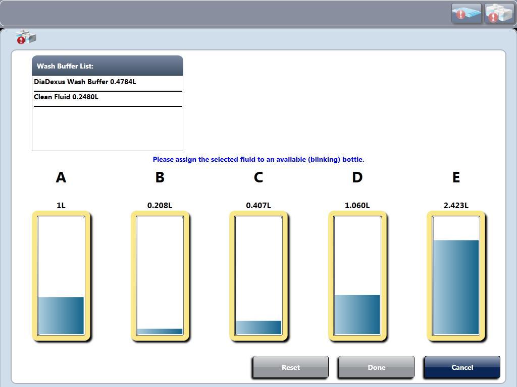 Kapitola 4 Ovládání Agility Systému Obrázek 4-27: Stav Roztoků Ujistěte se, že správný roztok o správném objemu je naplněn do odpovídající lahve, jak je určeno výběrem položky v Omývacím Pufračním