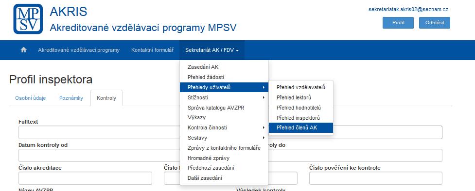 Obrázek 123: Přehled členů AK - Přehled členů AK 3. Nyní je otevřena stránka se členy AK, která obsahuje část, která umožňuje jejich filtrování a část, kde jsou vypsáni.