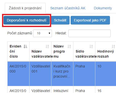 Obrázek 135: Krok 1 - Doporučení k rozhodnutí 2. Objeví se okno Vybrat celkové hodnocení, kde lze vybrat možností: a. K přerušení, b. Vyhovuje, c. Zamítnout. 3.