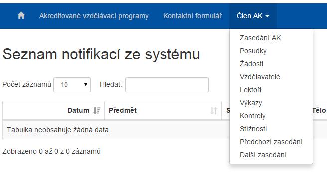 Obrázek 239: Prostředí pro roli Člen AK 2.7.1 Zasedení AK V rámci menu Zasedání AK je seznam definovaných termínů zasedání AK. Postup: 1.