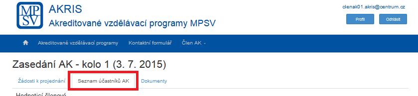 5. Po kliknutí na příslušný řádek se otevře stránka s detailem Zasedání AK.