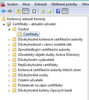 4. Kořenovém adresáři konzoly klikněte na Certifikáty aktuální uživatel, dále na záložku Osobní, která se otevře a v ní klikněte na Certifikáty. Otevře se vám seznam certifikátu ve vašem počítači. 5.