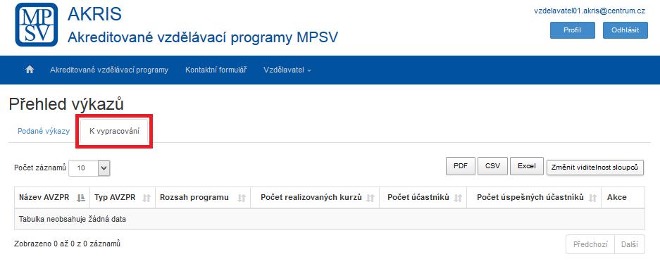 Obrázek 63: Krok 6 - Přehled výkazů - K vypracování 7. Na záložce K vypracování je možné vyplnit výkaz. To lze provést pomocí piktogramů ve sloupci akce viz Obrázek 64: Krok 7 - Vyplnění výkazu.