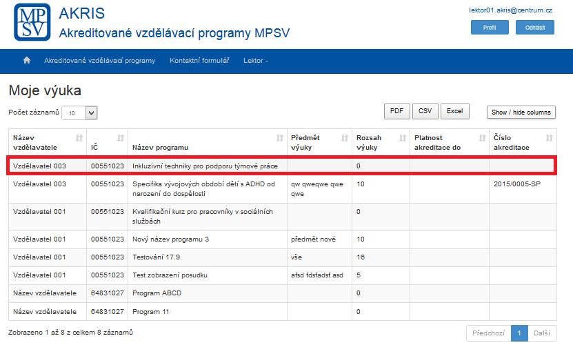 Obrázek 83: Krok 1 - Proklik na detail konkrétní výuky lektora 2.