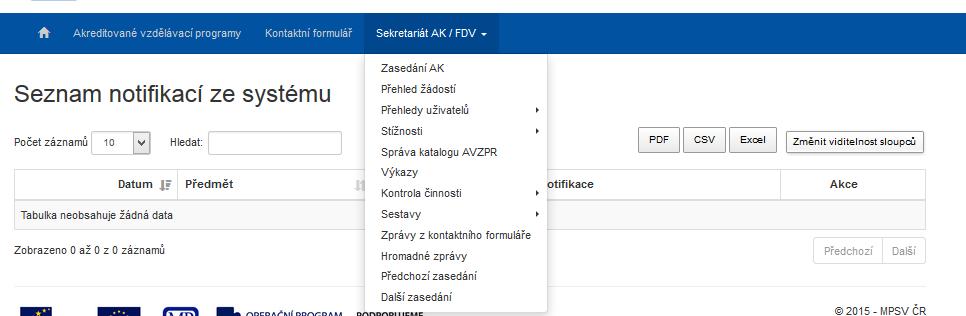 Struktura menu tohoto modulu bude následující: Obrázek 87: Menu role Sekretariát AK (FDV) rozbalené Zasedání AK stránka Seznam zasedání AK Přehled žádostí stránka s přehledem žádostí Přehledy
